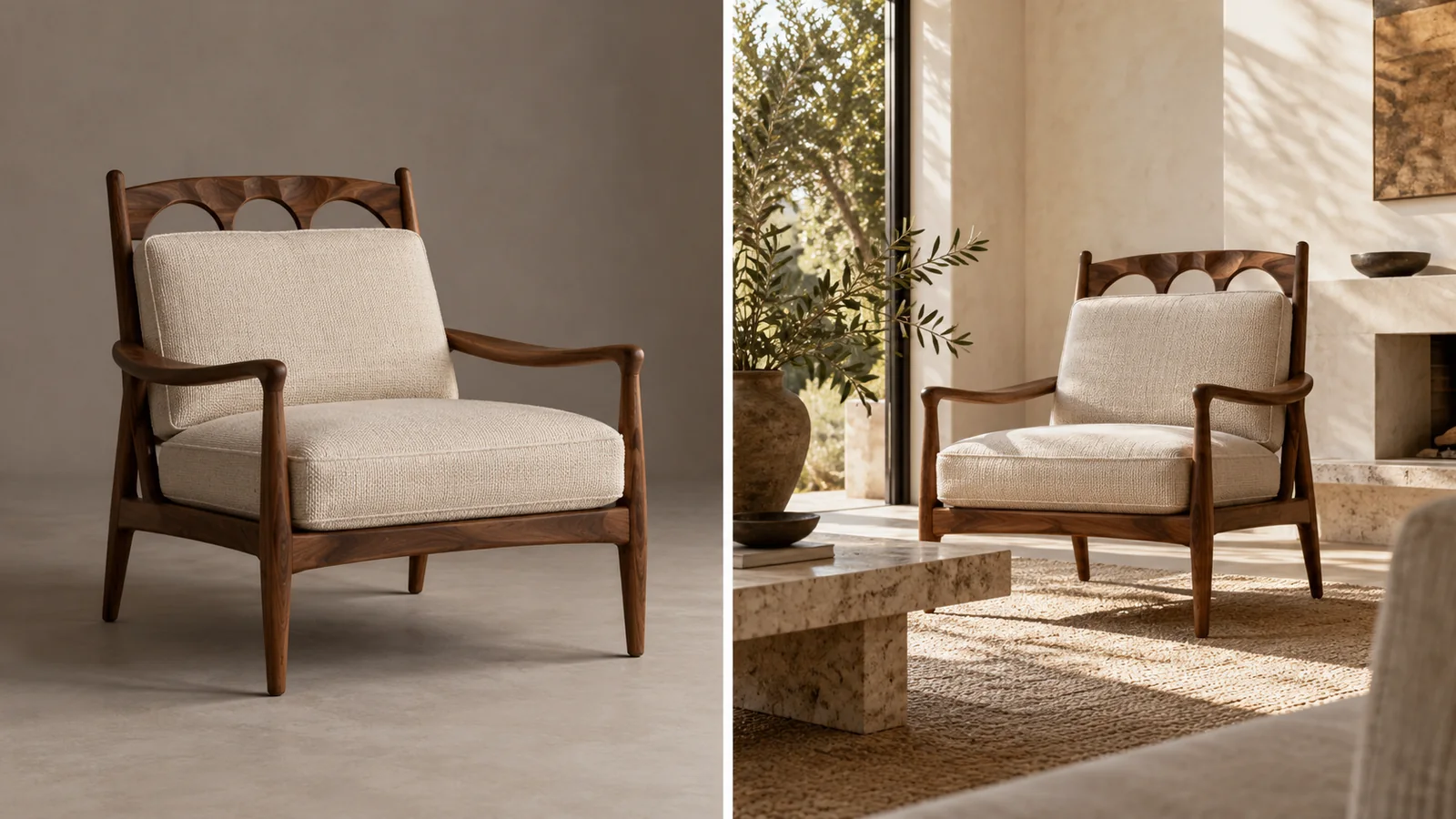 The same carved walnut armchair in a photo studio and a sunlit living room