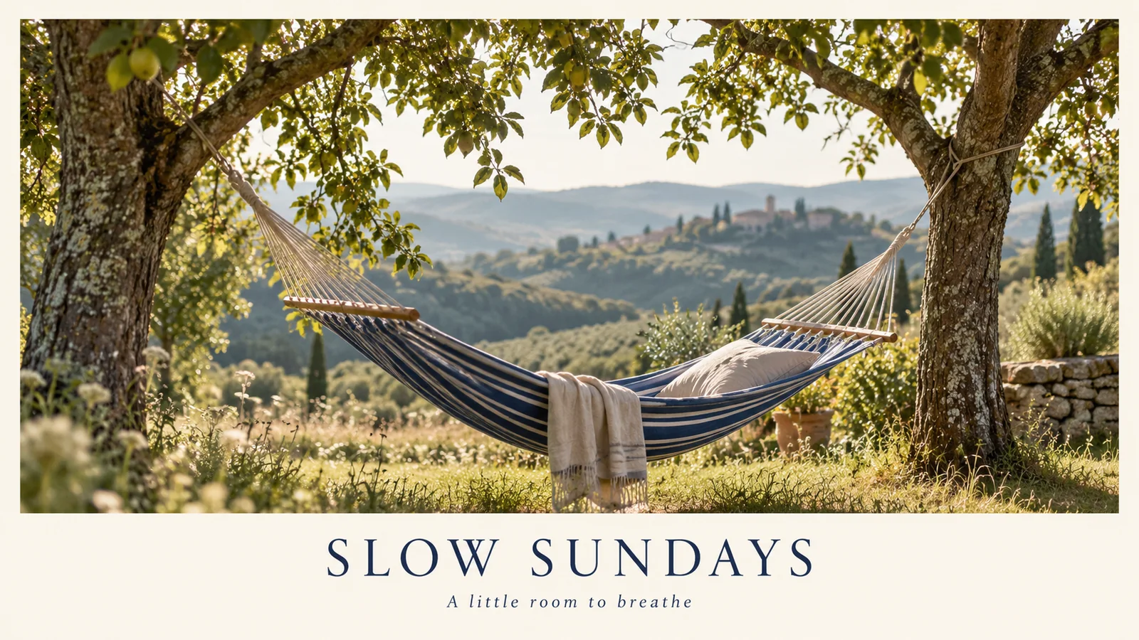 Slow Sundays campaign artwork with a striped hammock in an orchard