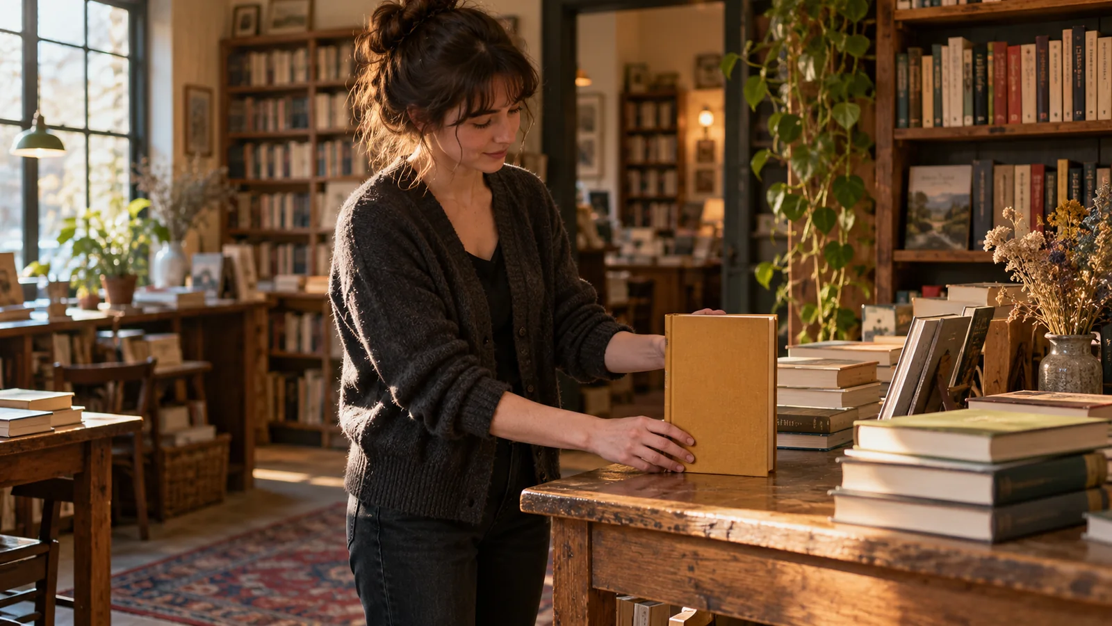 A bookseller placing an ochre clothbound book upright on a wooden display table