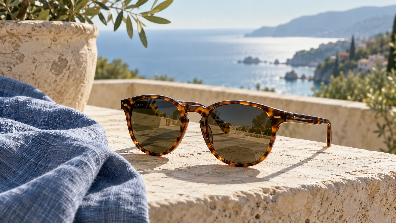 Tortoiseshell sunglasses on sunlit limestone beside a folded blue linen cloth