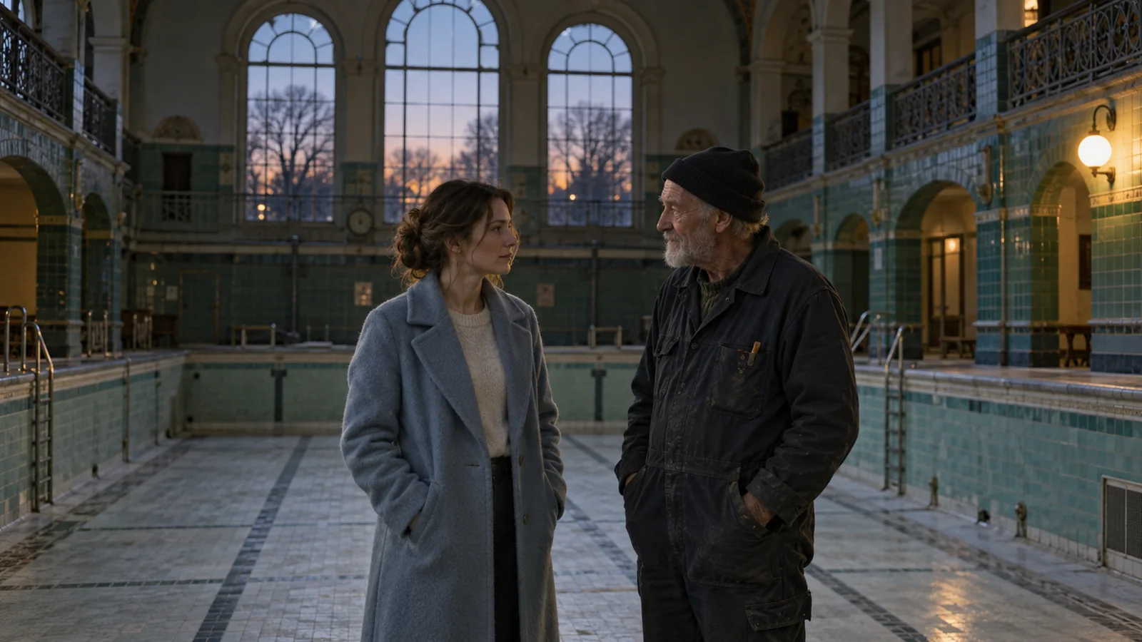 A woman in a pale blue coat and an older caretaker beside an empty tiled swimming pool at dusk