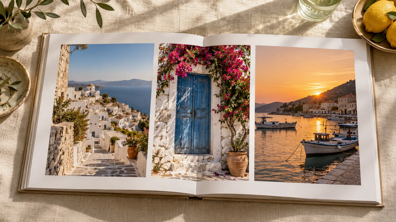 Three travel photographs arranged in an album, showing a seaside village, a blue doorway, and a sunset harbor