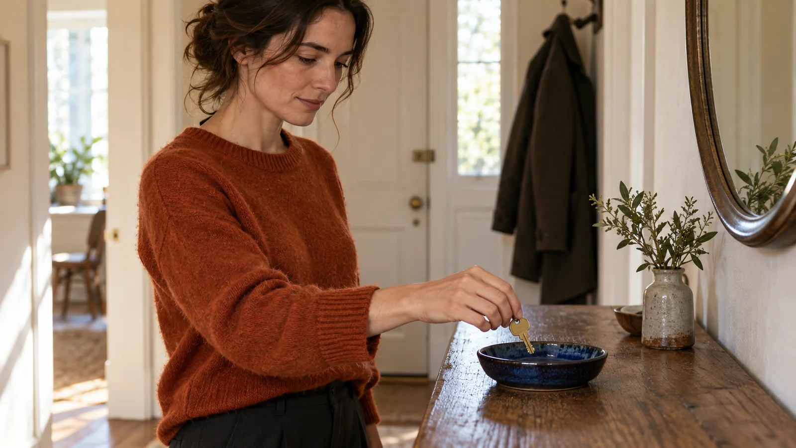 A woman placing a brass house key into a cobalt ceramic dish on an oak hallway console