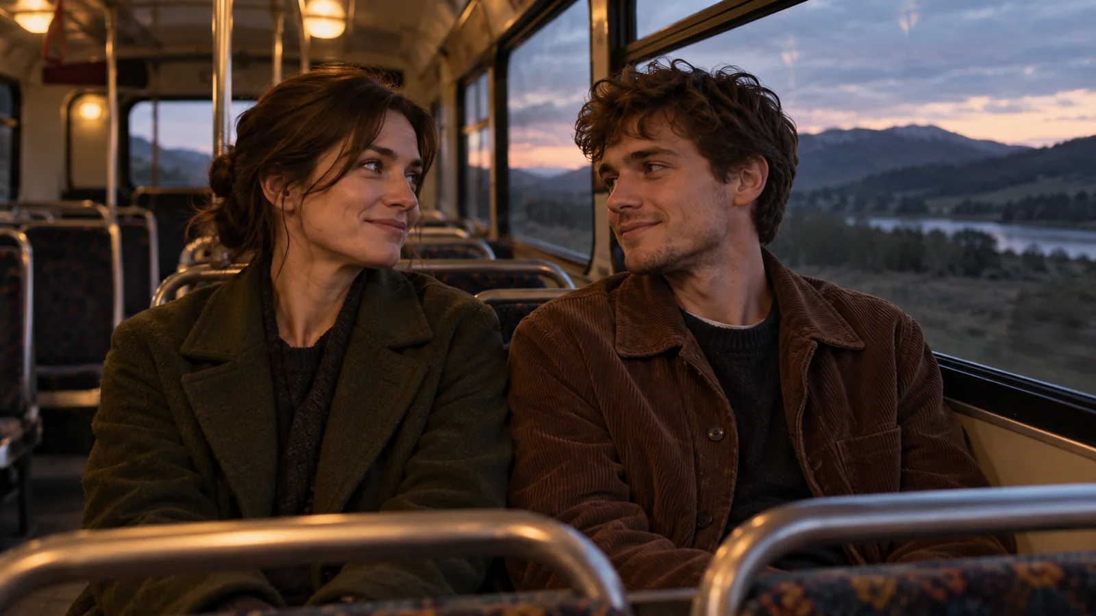 Two adult siblings sharing a quiet smile on a rural bus at twilight