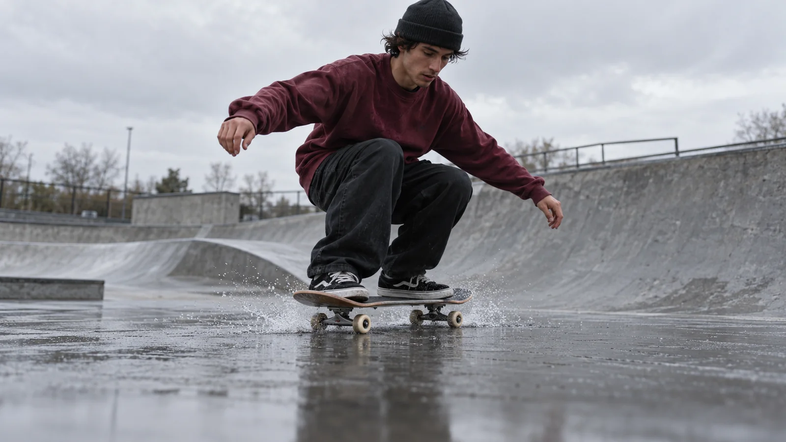A skateboarder landing on a wet concrete ramp with a small spray of water