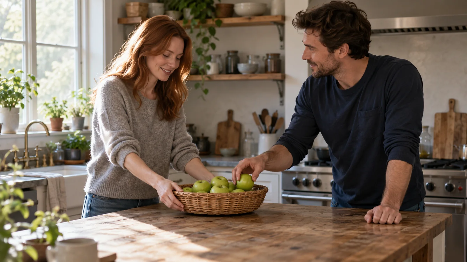 A red-haired woman setting a basket of green apples on a kitchen island while her partner looks on