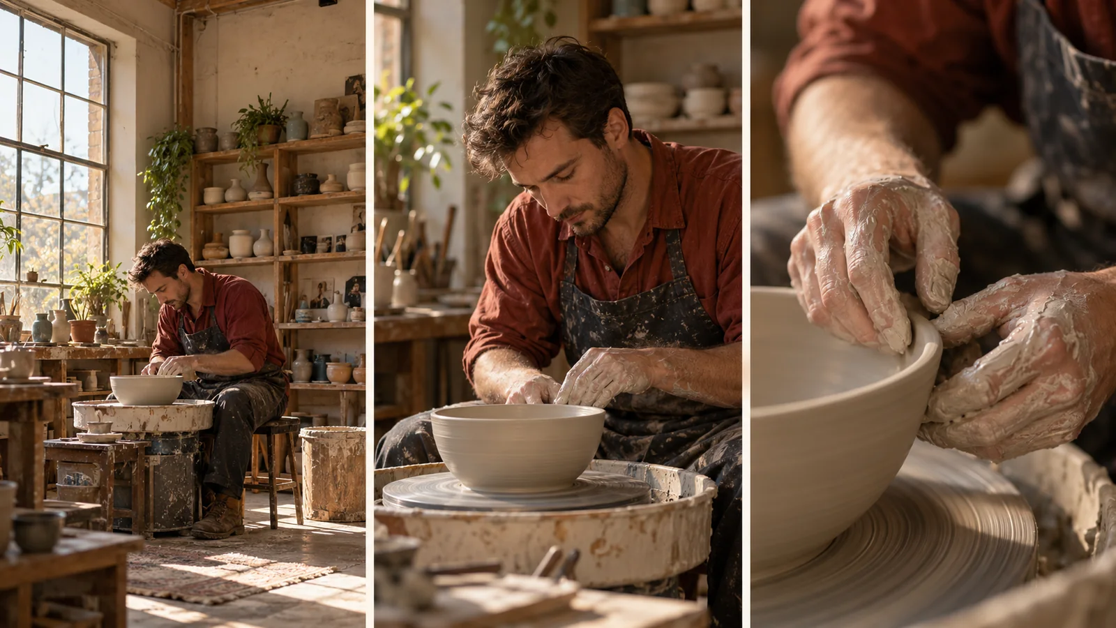 Three camera views of a potter and a clay bowl: workshop, artisan, and hands shaping the rim