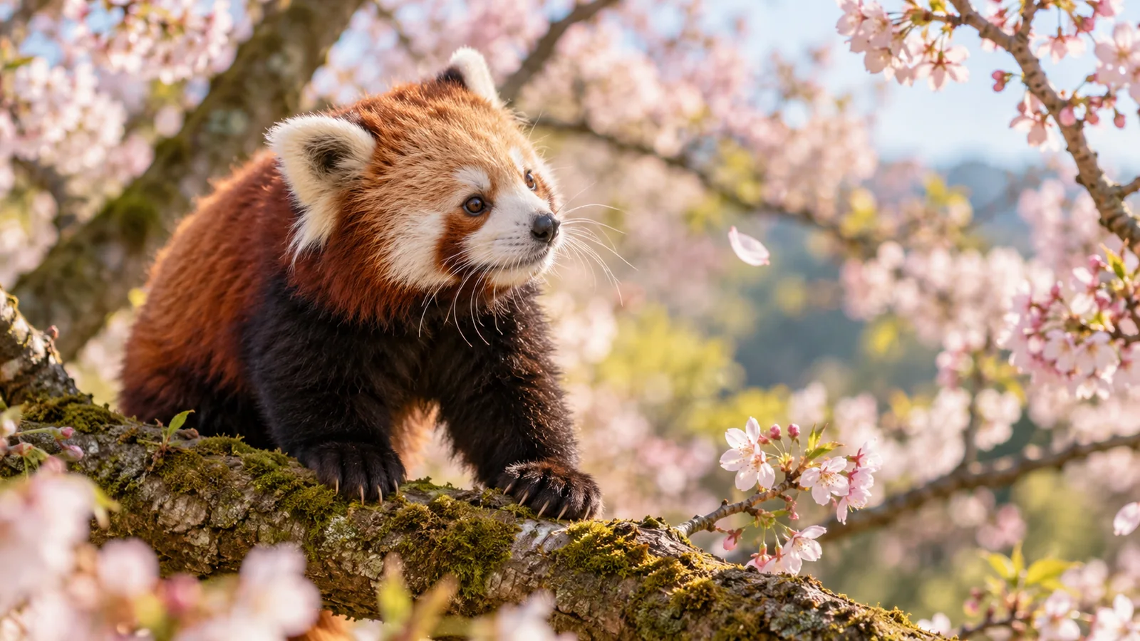 A red panda turning toward a drifting cherry blossom on a mossy branch