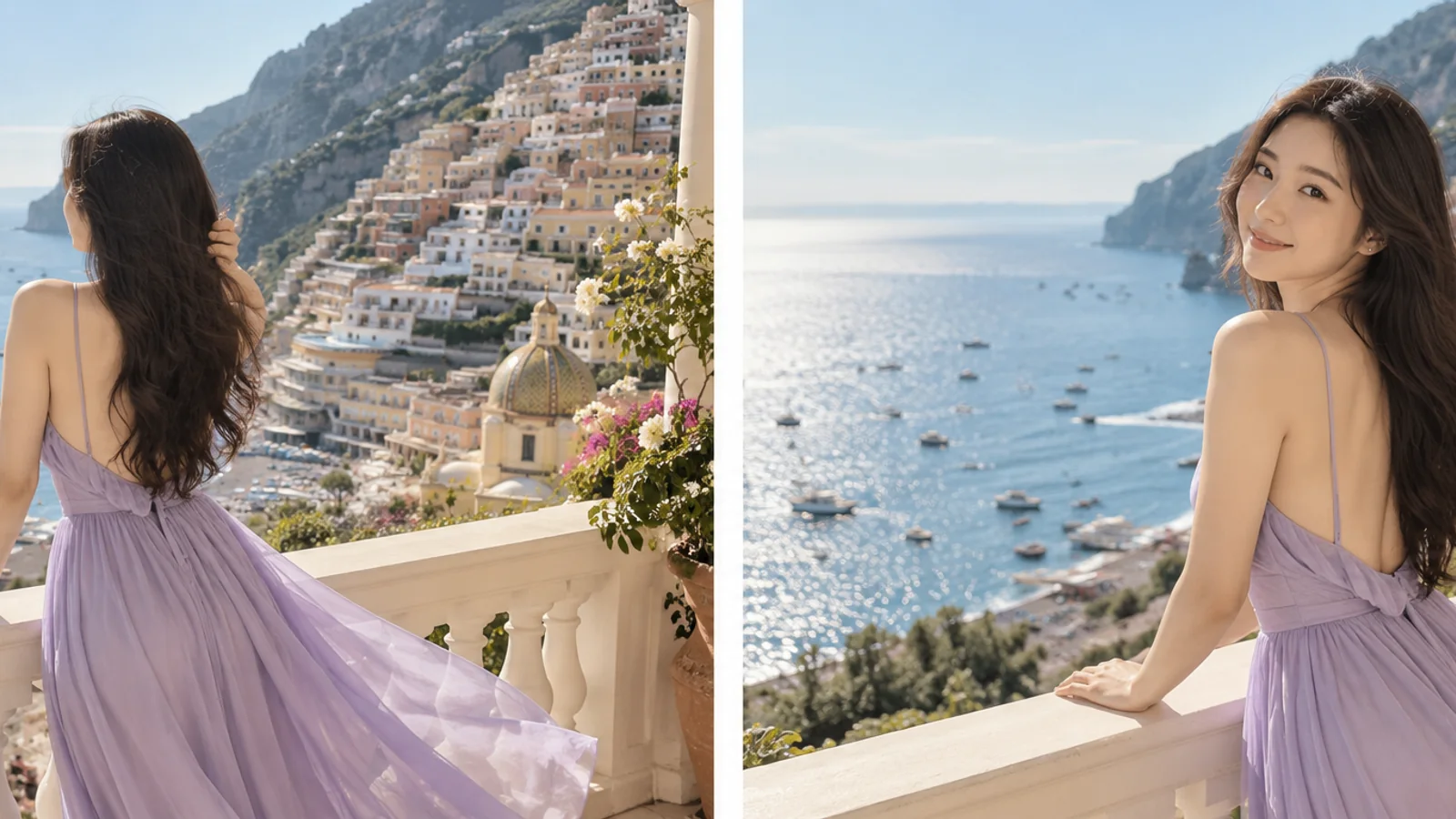 Two poses of a woman in a lavender dress on the same sunny coastal balcony
