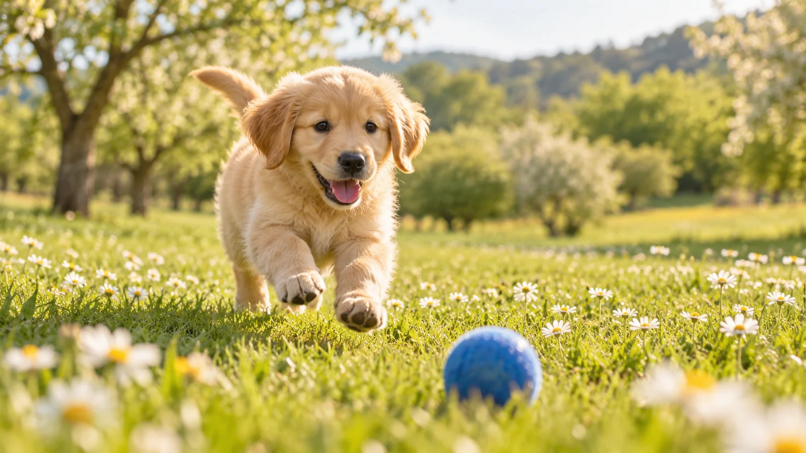 A golden retriever puppy bounding toward a blue ball in a sunny daisy meadow
