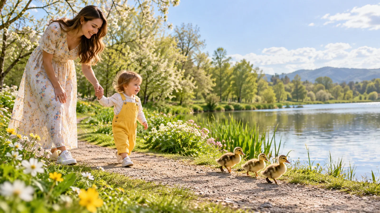 A mother and toddler watching tiny ducklings beside a sunny park path