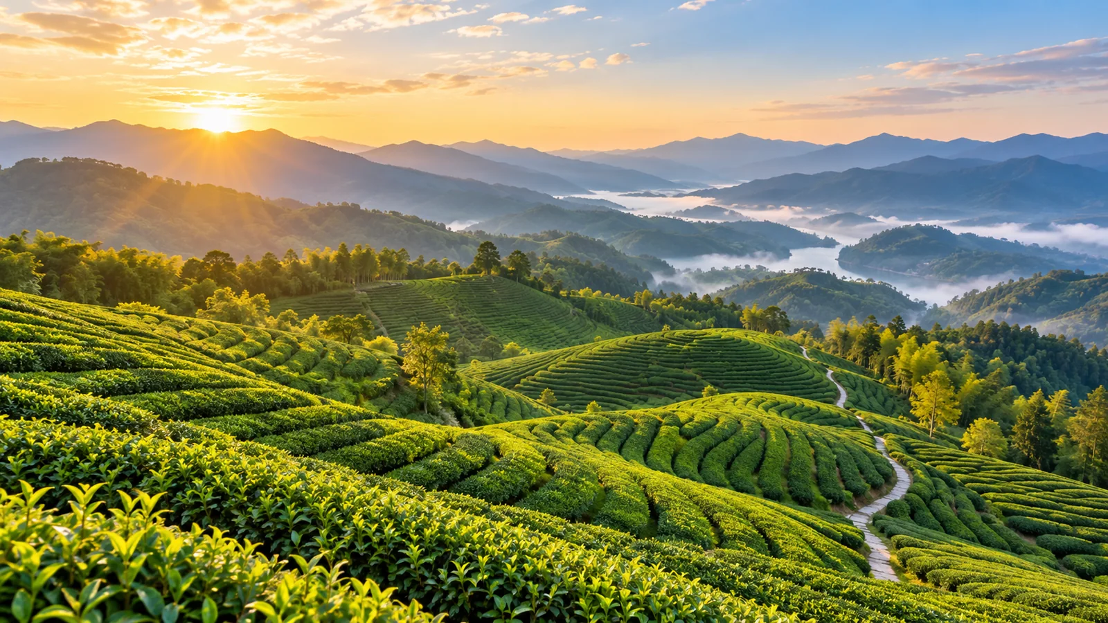 Sunlit green tea terraces curving toward layered blue mountains
