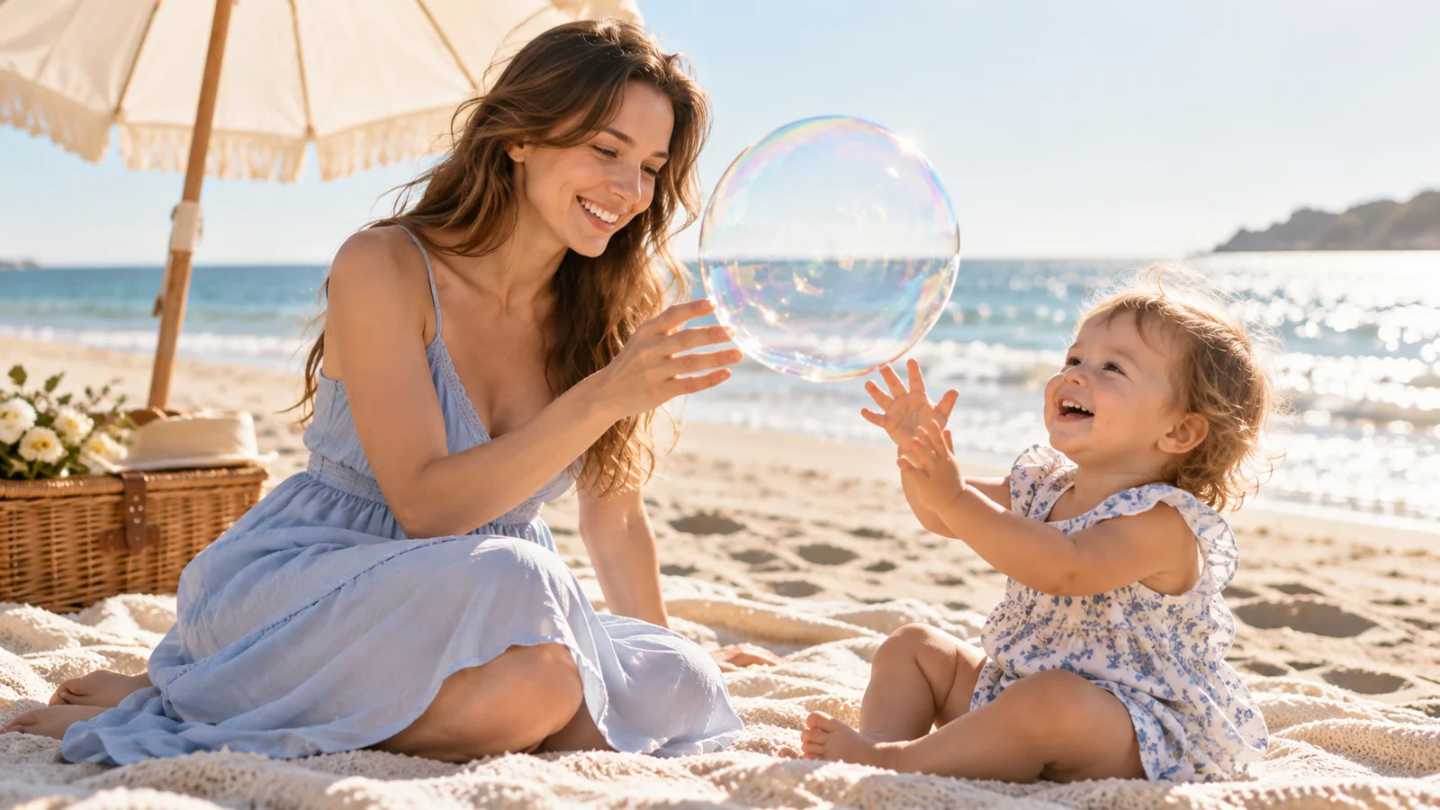 A mother and toddler watching a large soap bubble above a bright beach picnic