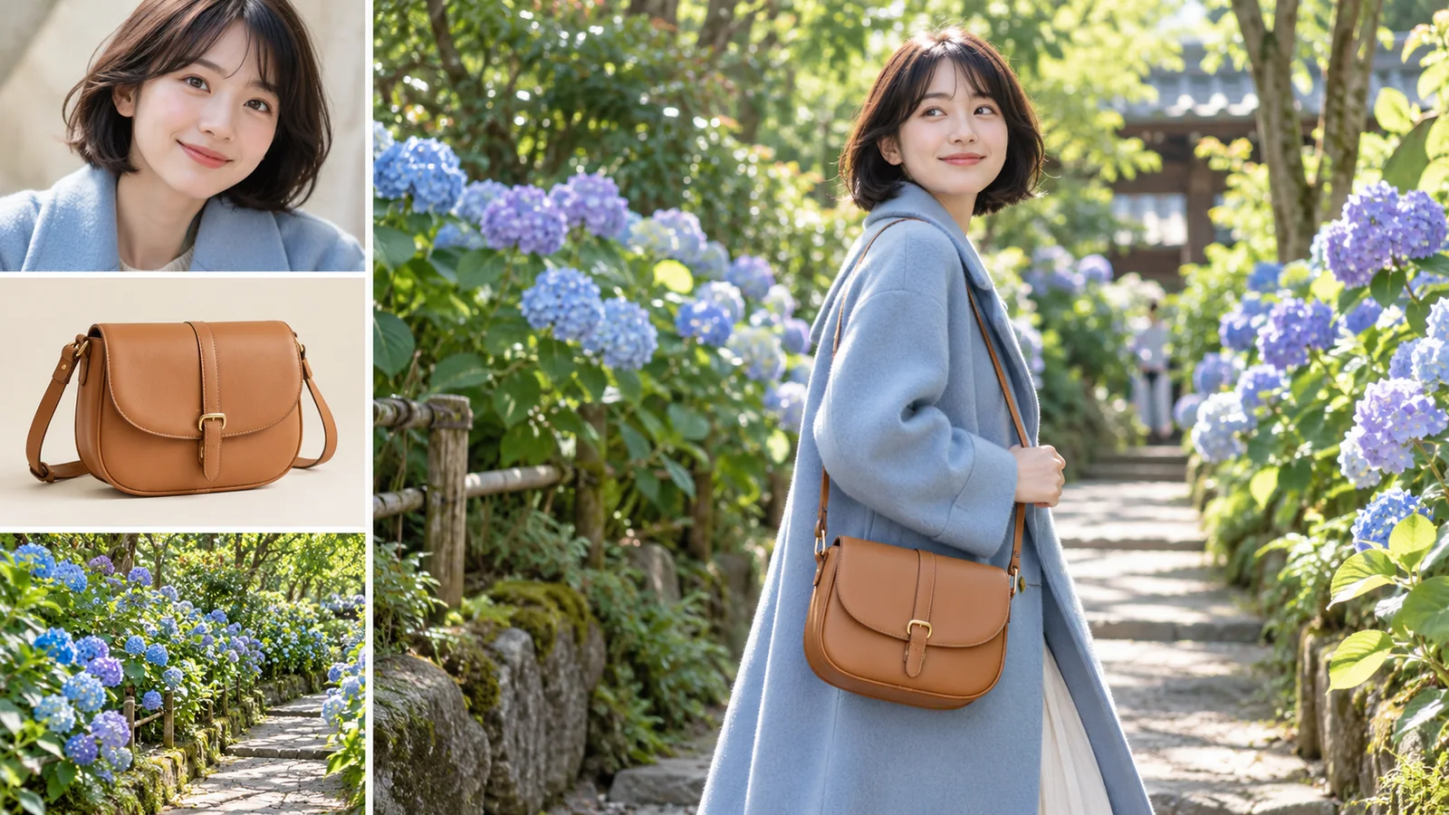 Portrait, satchel, and hydrangea path references beside a scene combining those details