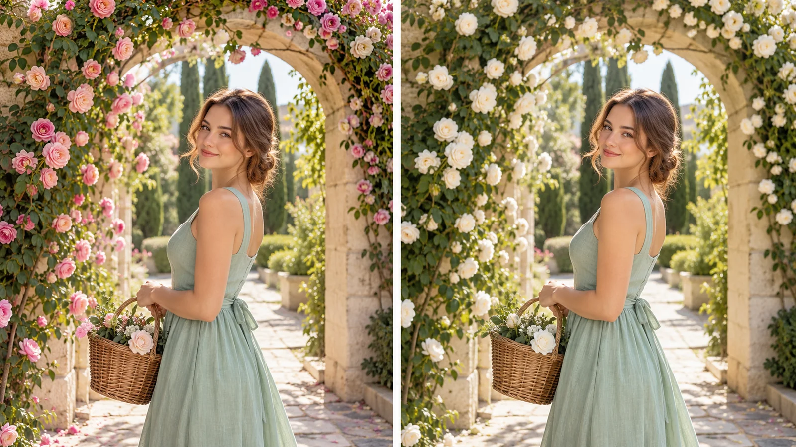 Matching portraits of a woman in a mint dress with pink roses changed to white roses