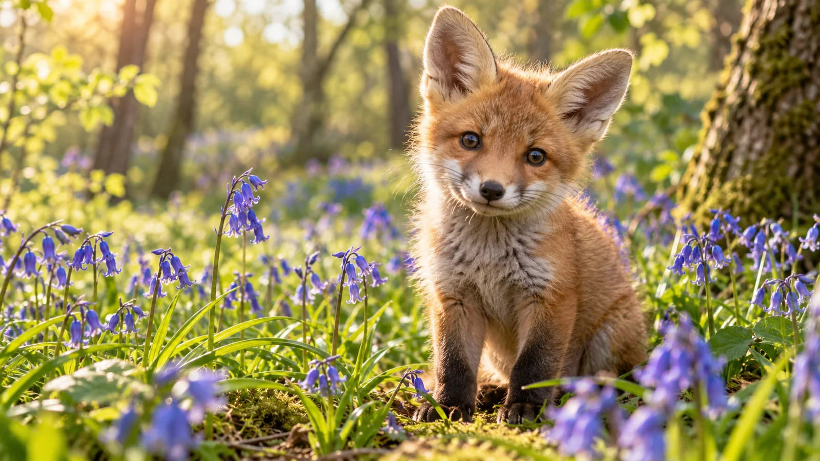 A fox cub sitting among bluebells in a bright spring woodland