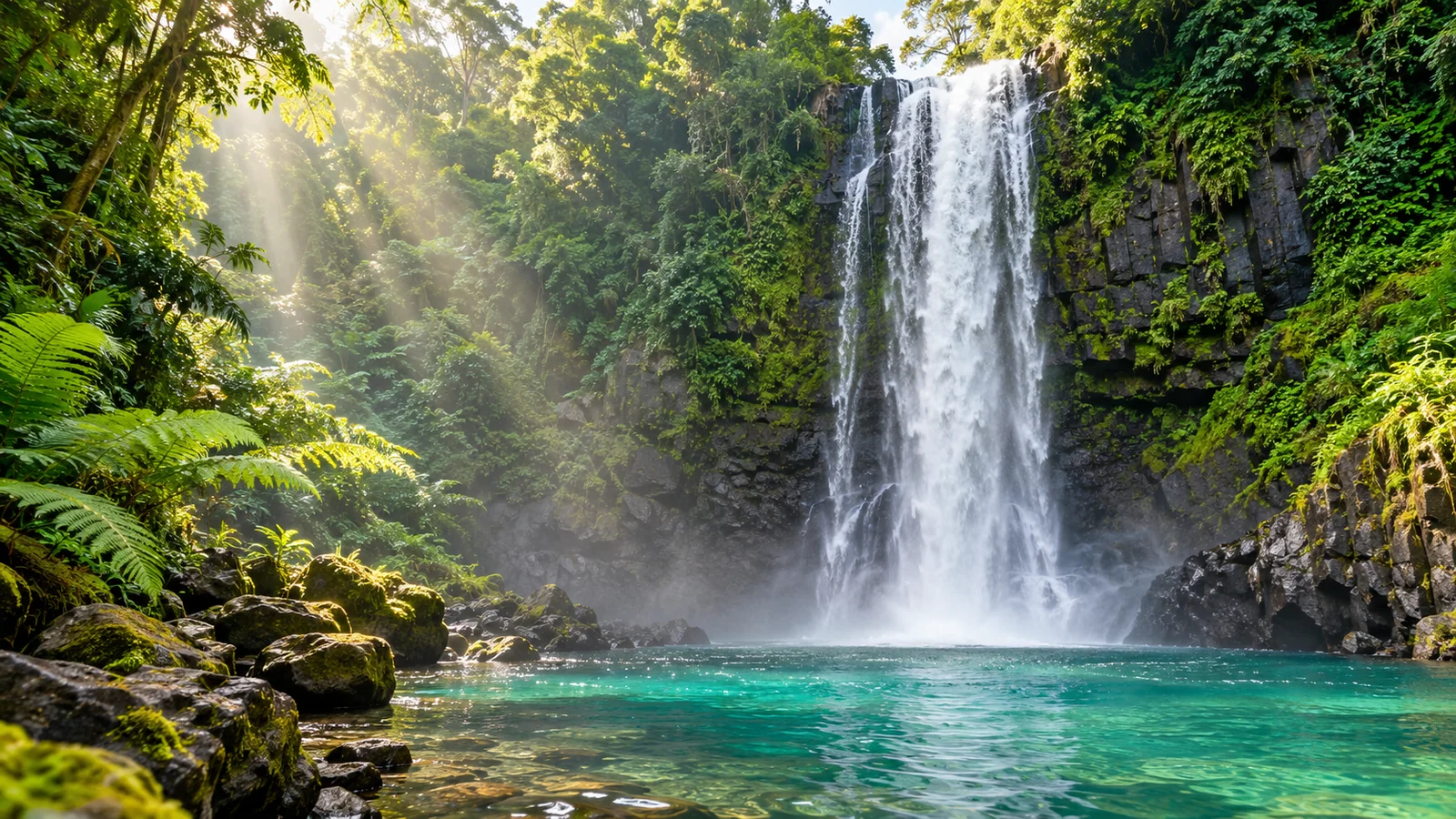 A tall waterfall falling into an emerald pool amid tropical ferns