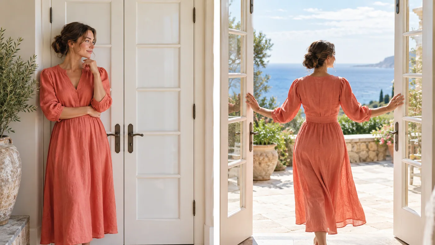 A photographic diptych showing the same elegant fully clothed adult woman in a coral linen dress first standing beside closed white French doors, then gently opening them onto a bright ocean terrace. Two distinct photographs, coherent identity and architecture, no text or arrows.