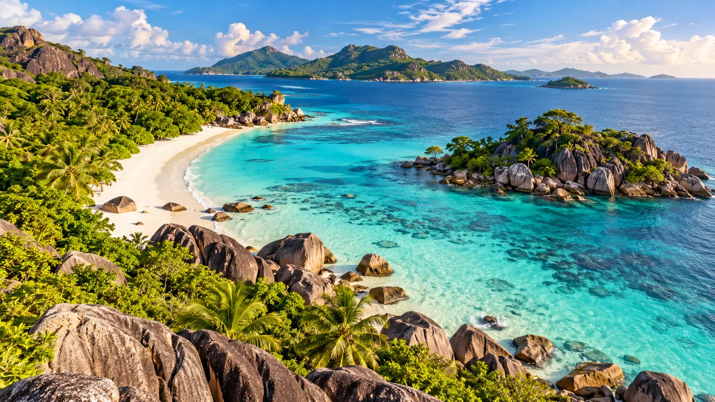 A sweeping beautiful aerial landscape of the Seychelles, curved white beach, granite islands, turquoise lagoon and lush foliage, spacious balanced panoramic composition.