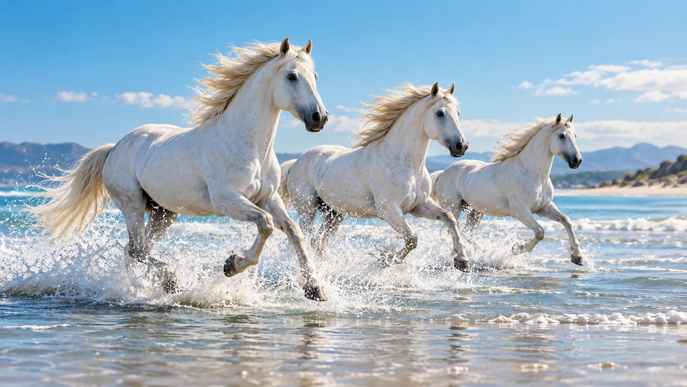 Three white horses cantering through shallow blue water along a broad sunny beach, side-on tracking-shot composition, natural anatomy, crisp splashes, bright cinematic still.