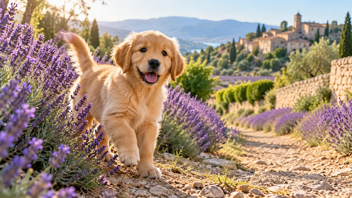 An adorable golden retriever puppy standing beside a lavender path in Provence, morning light, clearly poised to take its next step, natural joyful wildlife portrait.