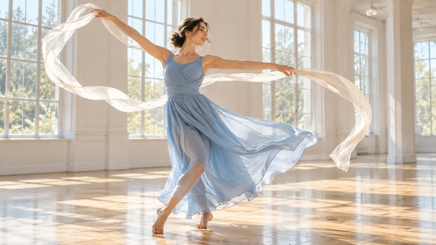 A beautiful adult contemporary dancer in a modest flowing sky-blue dress making a sweeping gesture with a pale silk ribbon in a spacious sunlit white dance studio, broad windows and polished wood floor, candid editorial film still.