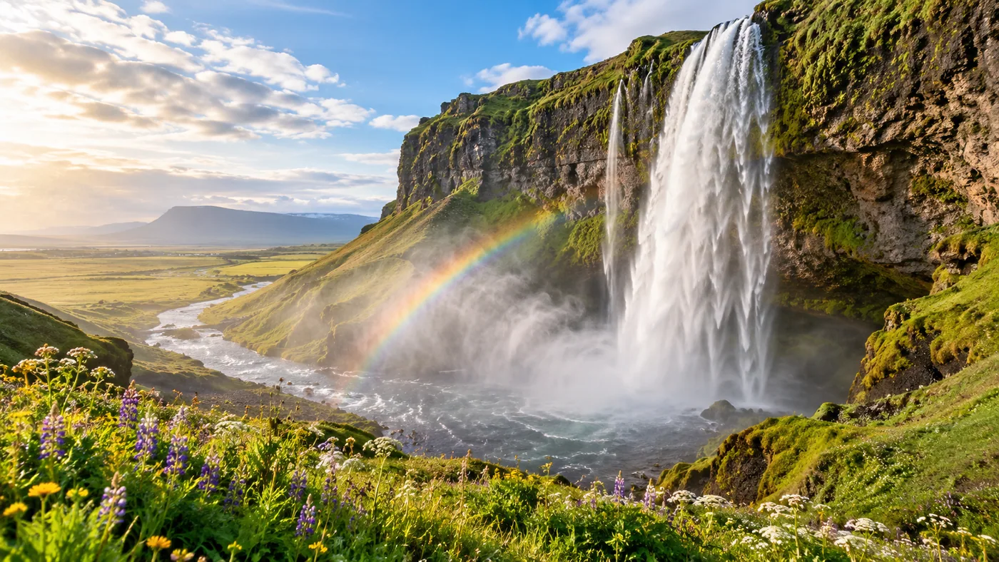 A spectacular luminous waterfall in Iceland framed by green grass and wildflowers, a soft rainbow in the mist, beautiful travel photograph.