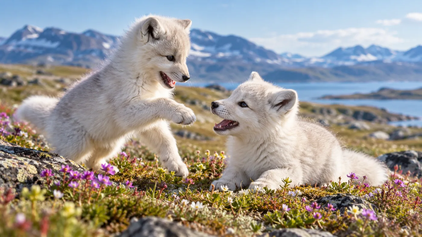 Two adorable arctic fox cubs playing gently among summer tundra flowers, bright clear light and natural soft fur.