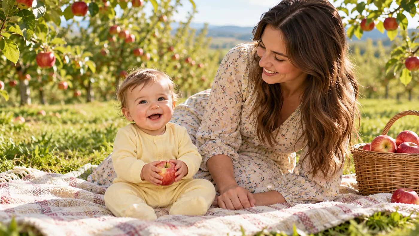 A happy baby in a fully covering pale yellow cotton romper sitting safely on a picnic blanket beside a smiling adult mother in a bright apple orchard, natural candid warmth.