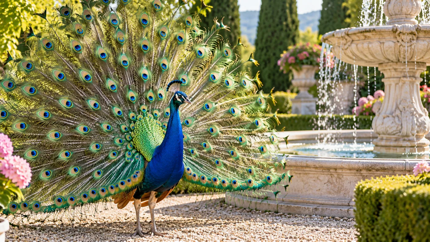 A colorful peacock opening its tail beside a pale stone fountain in an elegant sunlit garden, believable beautiful feather detail.