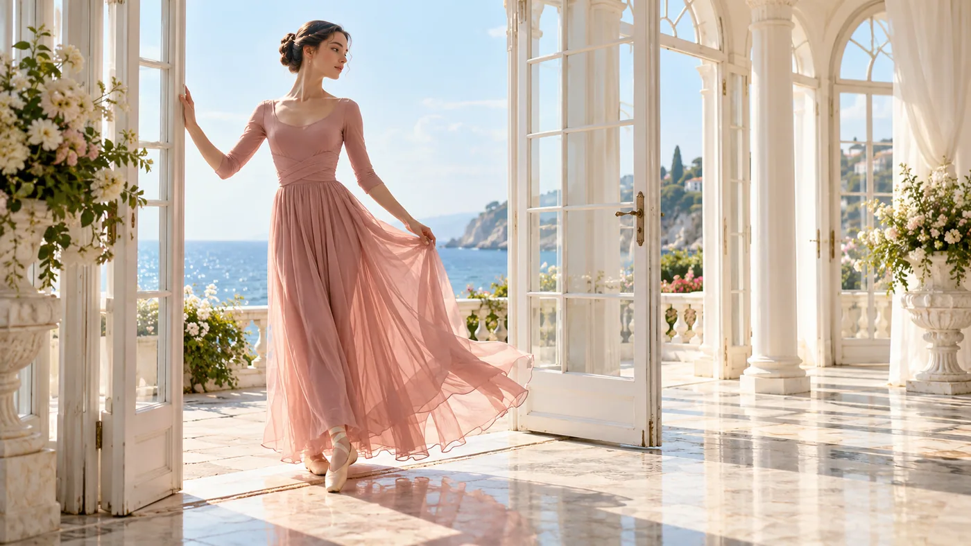 A graceful adult ballet dancer fully dressed in a long rose rehearsal dress standing near the open doors of a white seaside pavilion, gentle motion in the fabric, afternoon sun.