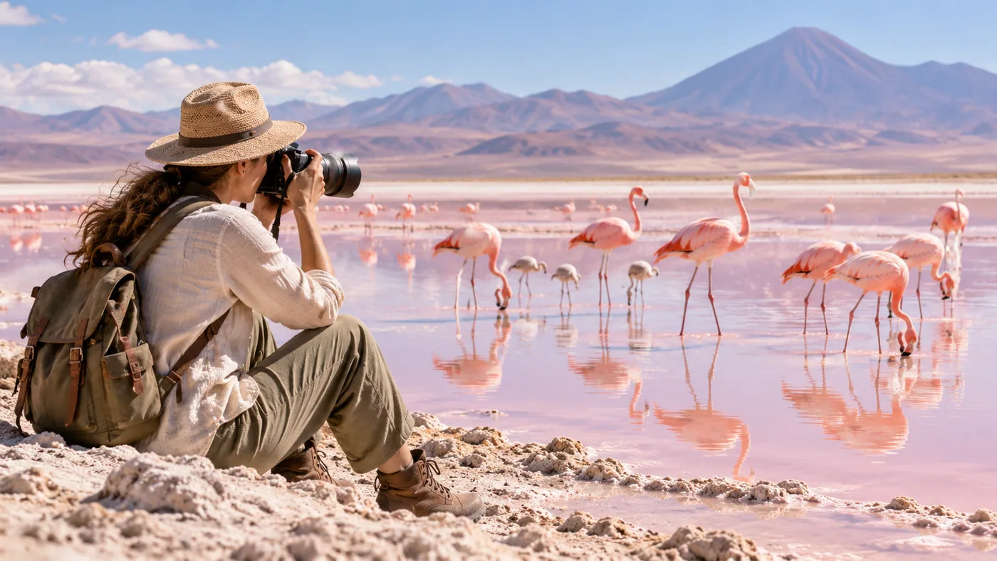 A beautiful adult wildlife photographer in practical linen clothes watching a family of flamingos from a safe lakeshore, sunlit pink salt lagoon, calm documentary photograph.