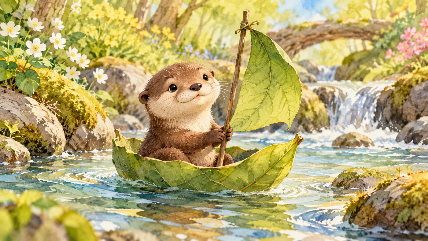 An original charming storybook watercolor illustration of a baby otter sailing a little leaf boat on a gentle woodland stream, friendly rounded face, bright warm spring colors.