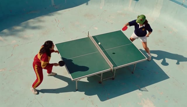 Two table-tennis players, including a frog-masked player, in an empty swimming pool