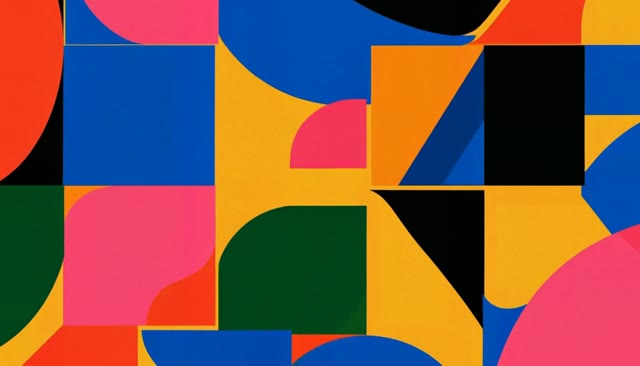 Bright blue, yellow, green and pink geometric shapes in an official motion-graphics example