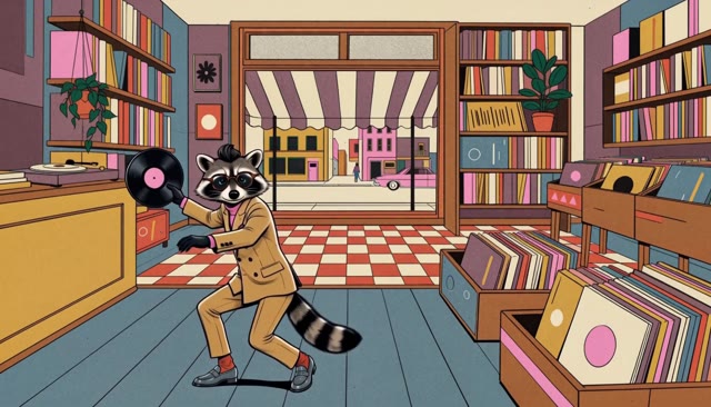 An illustrated raccoon dancing in a colorful record shop
