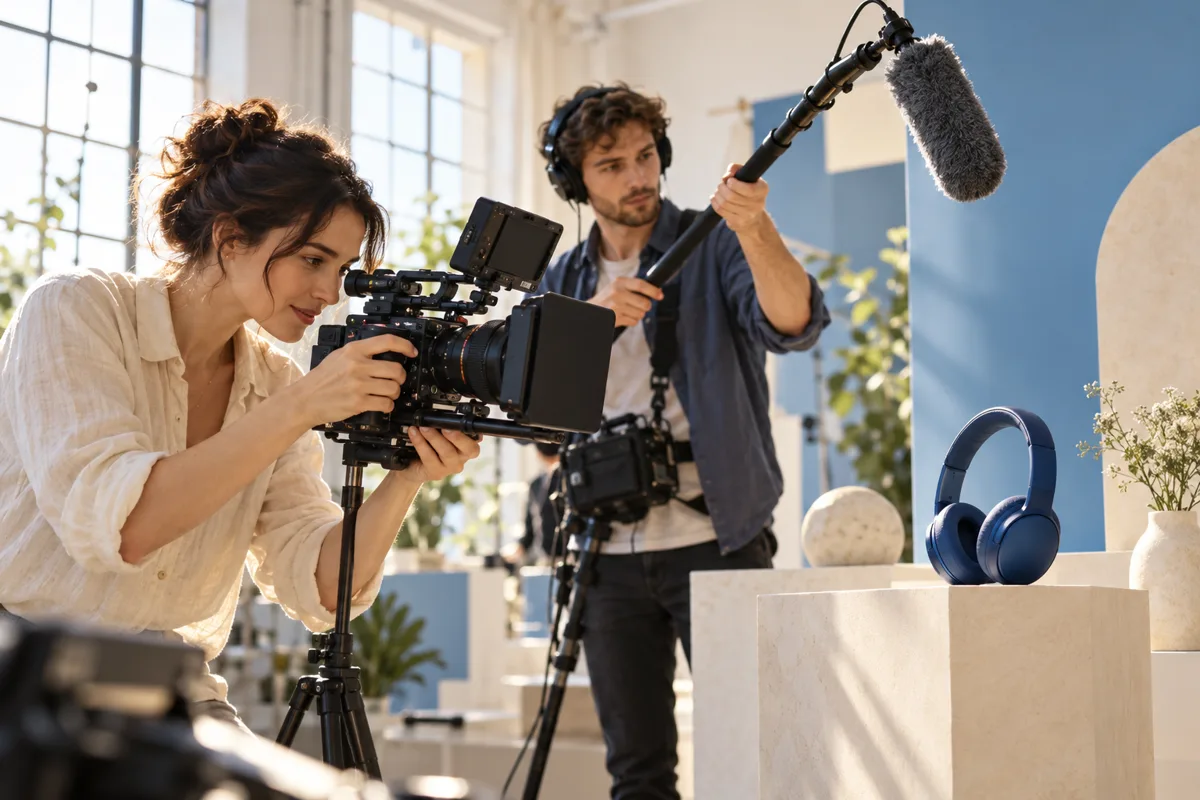 Creative illustration of a filmmaker and sound recordist shooting a headphones product scene