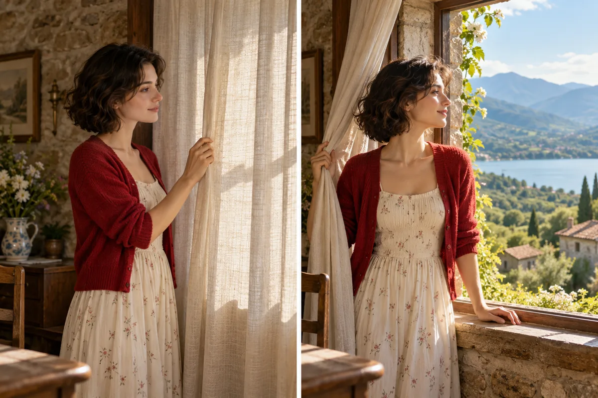 Creative opening and ending frame illustration showing the same woman drawing back a curtain to reveal a lake