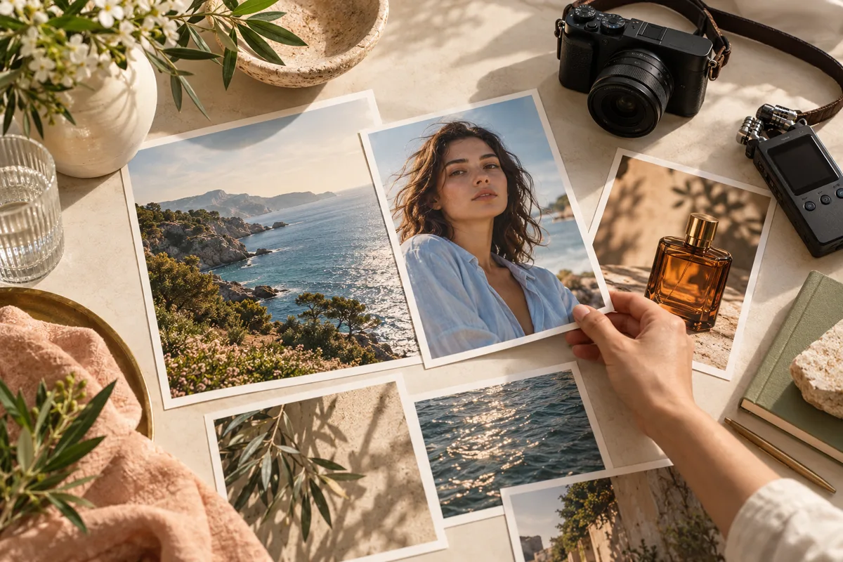 Creative reference kit with portrait, landscape and product photographs beside camera and audio equipment