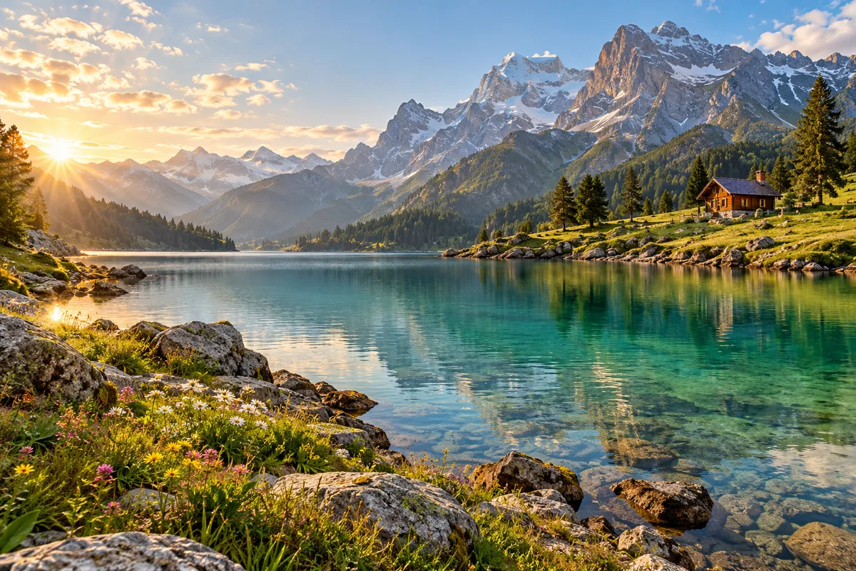 Creative alpine lake scene with detailed flowers, clear water and sunlit mountain textures