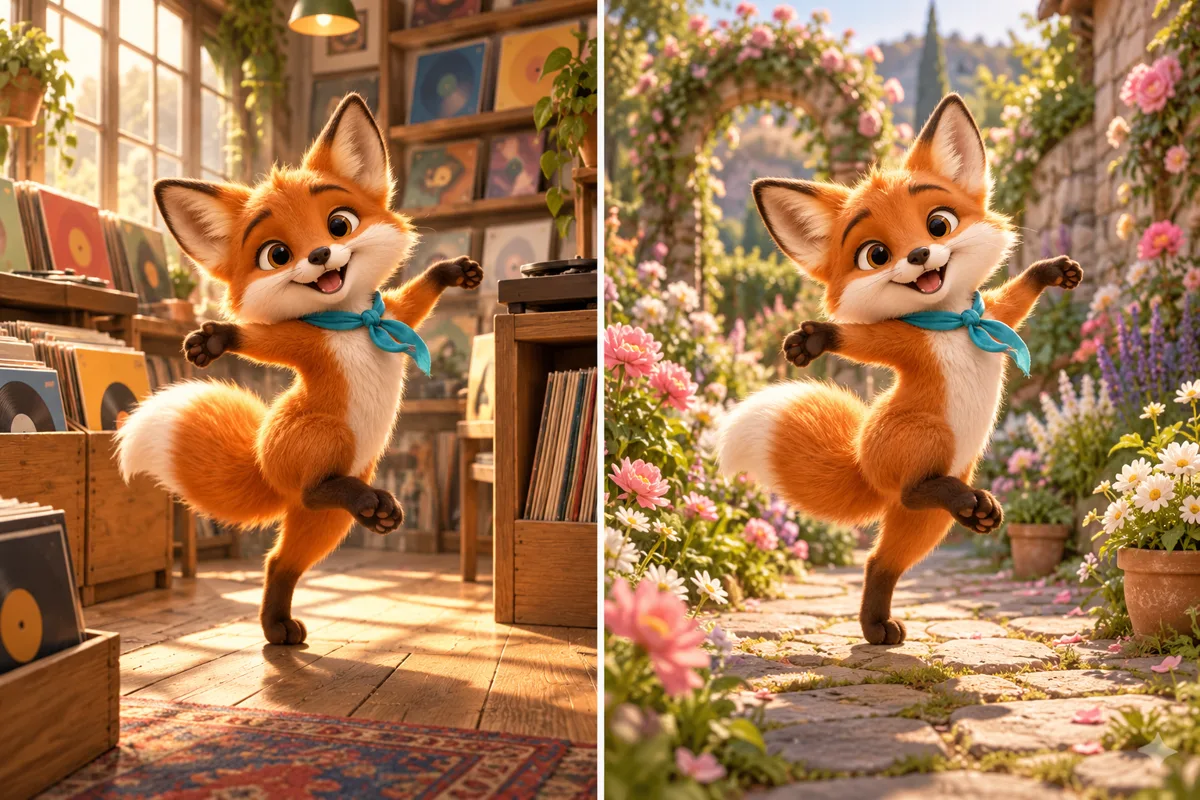 Creative illustration of the same fox character dancing in a record shop and a flower garden