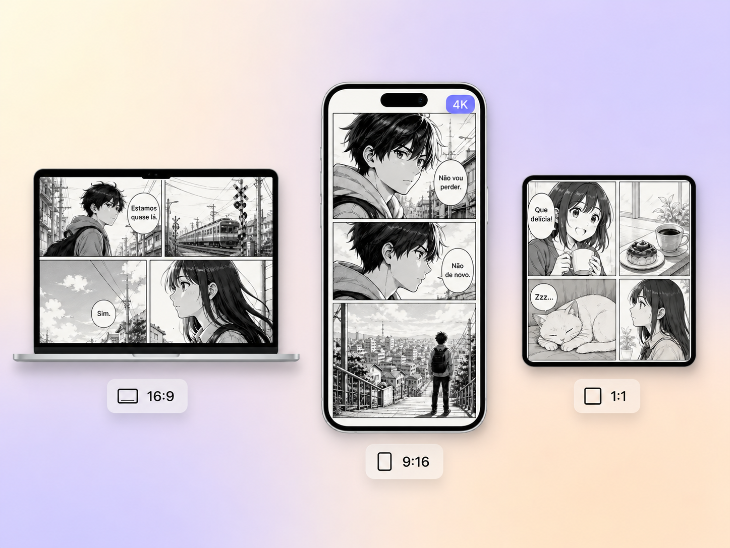 Um vídeo de mangá exportado nos formatos 16:9, 9:16 e 1:1 até 4K