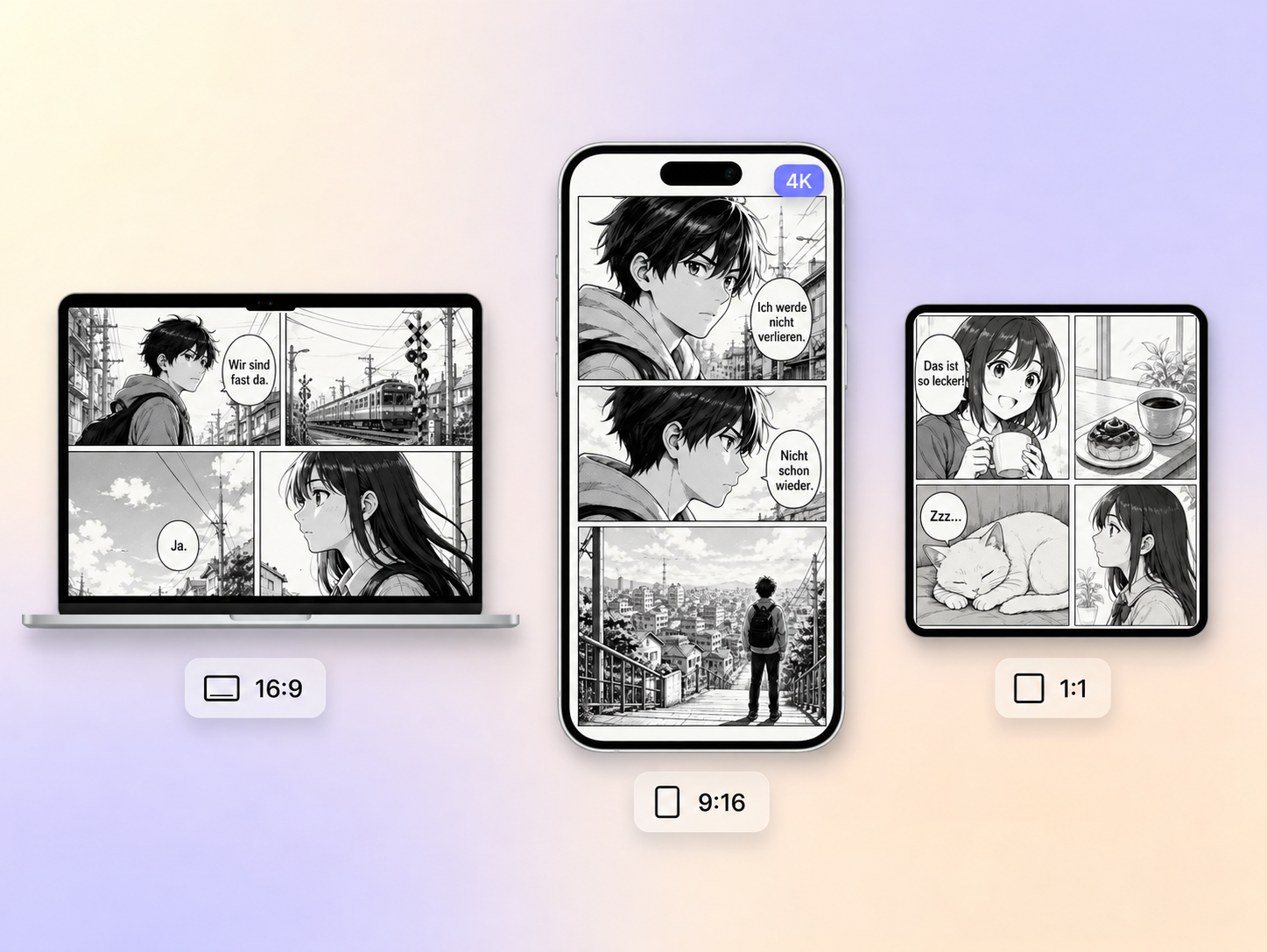 Ein Manga-Video, das in den Formaten 16:9, 9:16 und 1:1 bis zu 4K exportiert wurde
