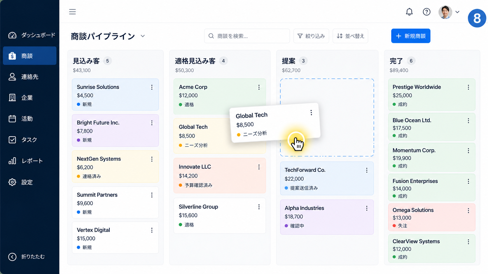 マウスカーソル強調動画のカット間で一貫して保たれた営業パイプライン画面
