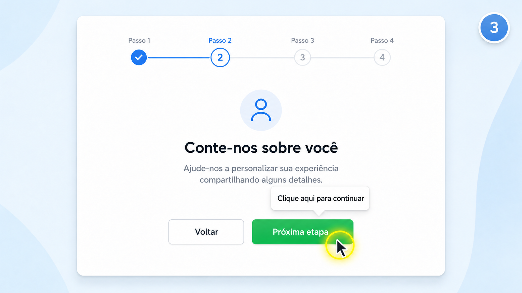 Tela de integração em um vídeo com destaque no cursor do mouse, com um ponteiro luminoso sobre o botão Avançar