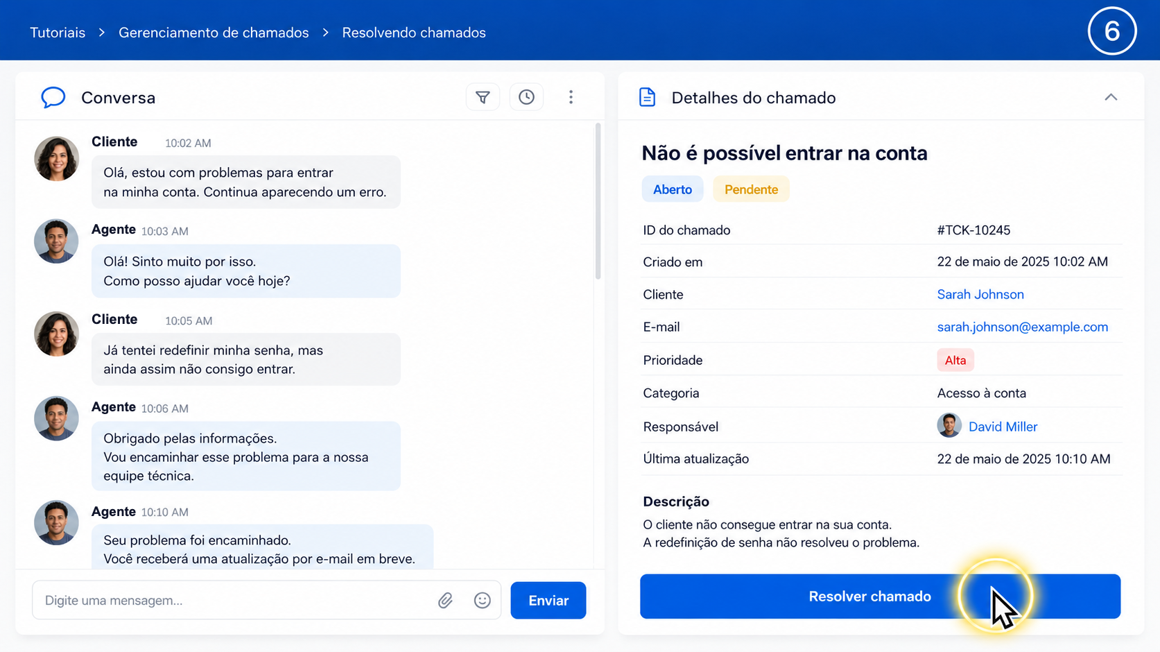 Tela de ticket de suporte em um vídeo de destaque do cursor do mouse com narração clonada