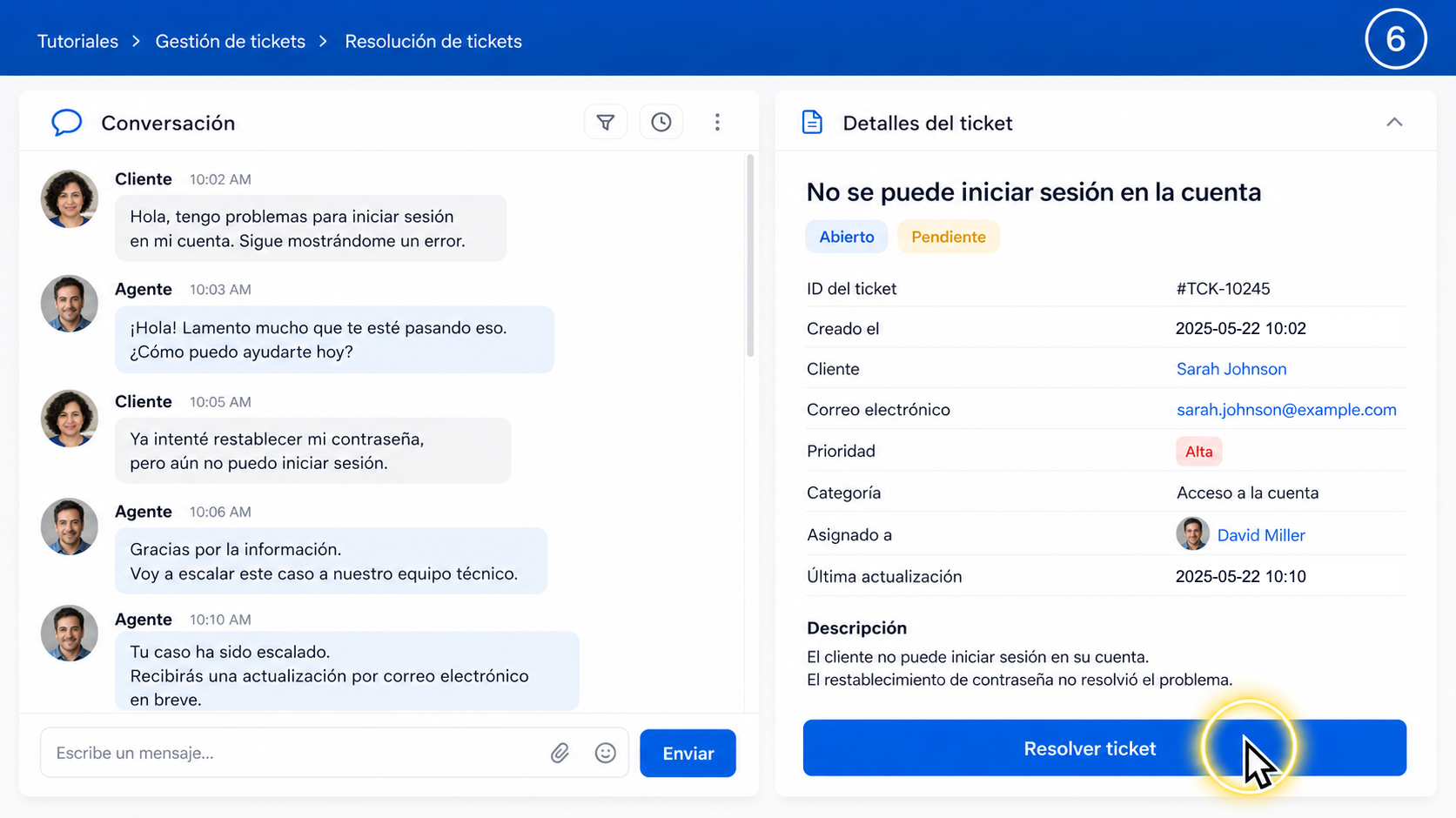 Pantalla de ticket de soporte en un video resaltado con el cursor del mouse que lleva una narración clonada