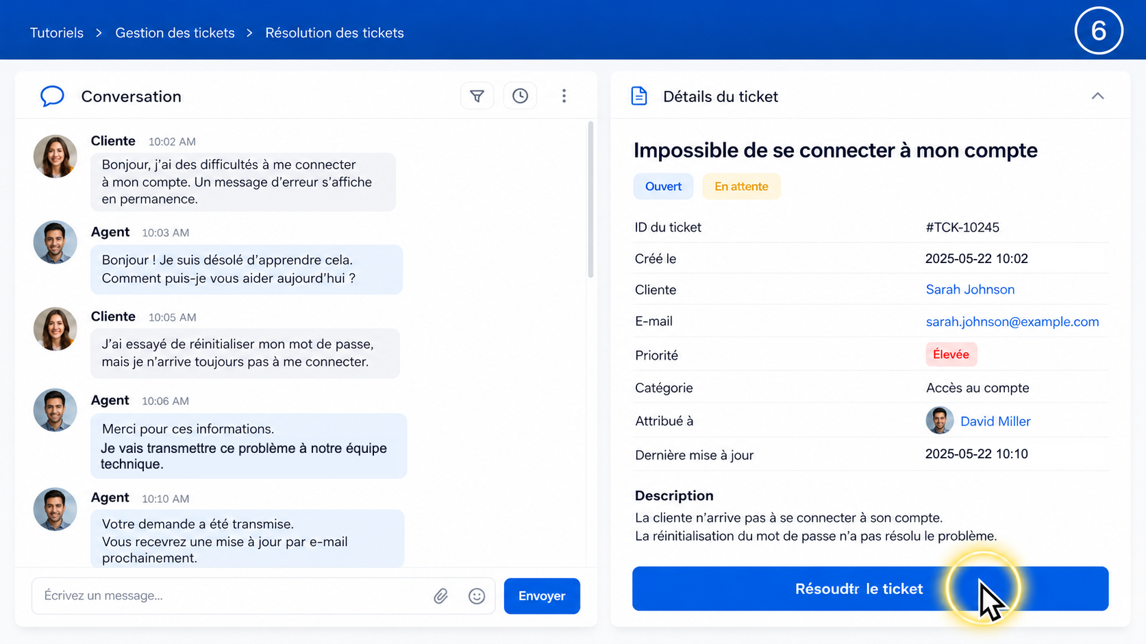 Écran de ticket de support dans une vidéo de surbrillance du curseur de la souris contenant une narration clonée