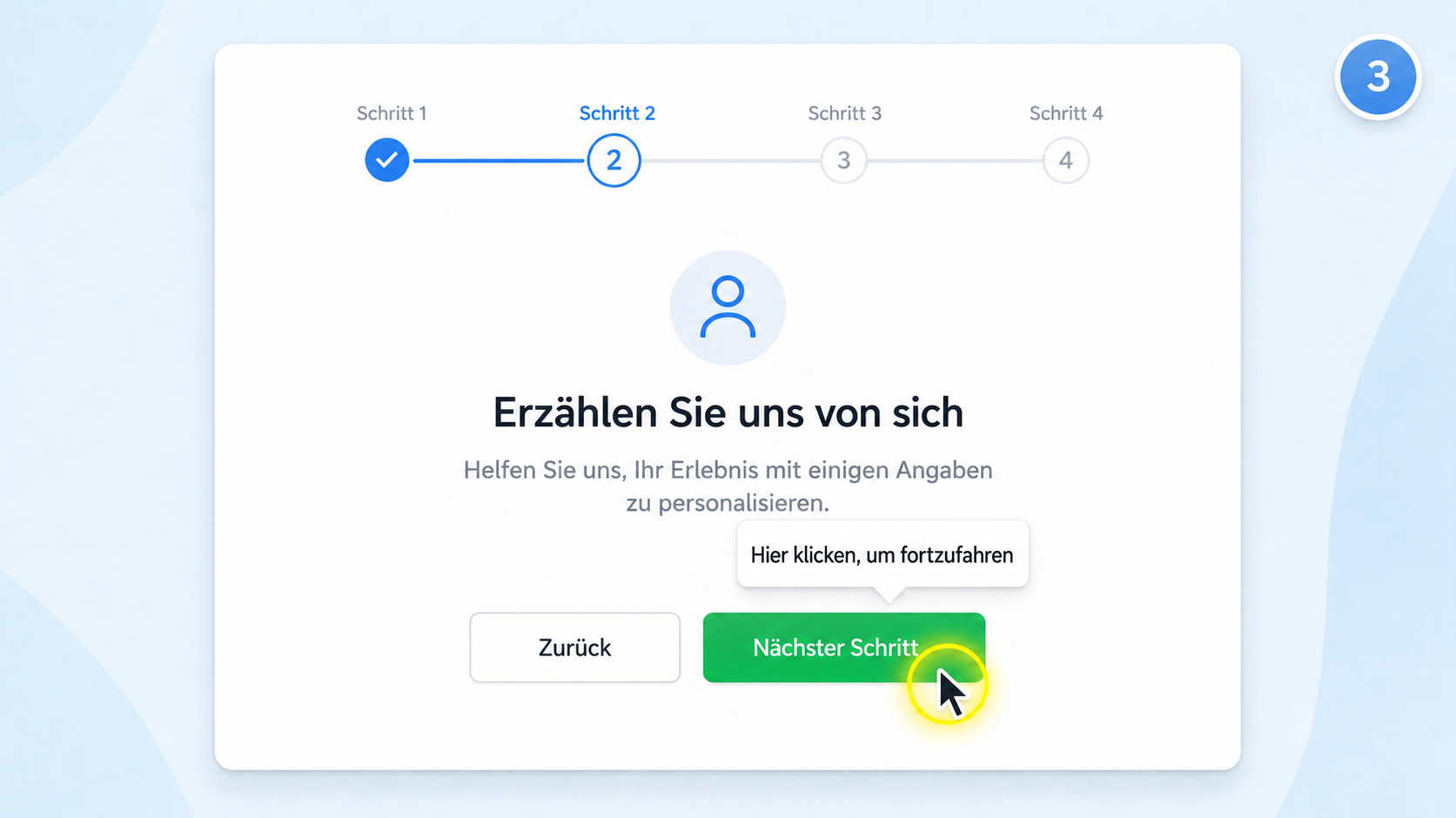 Onboarding-Bildschirm in einem Video mit hervorgehobenem Mauszeiger und einem leuchtenden Zeiger auf der Schaltfläche „Weiter“