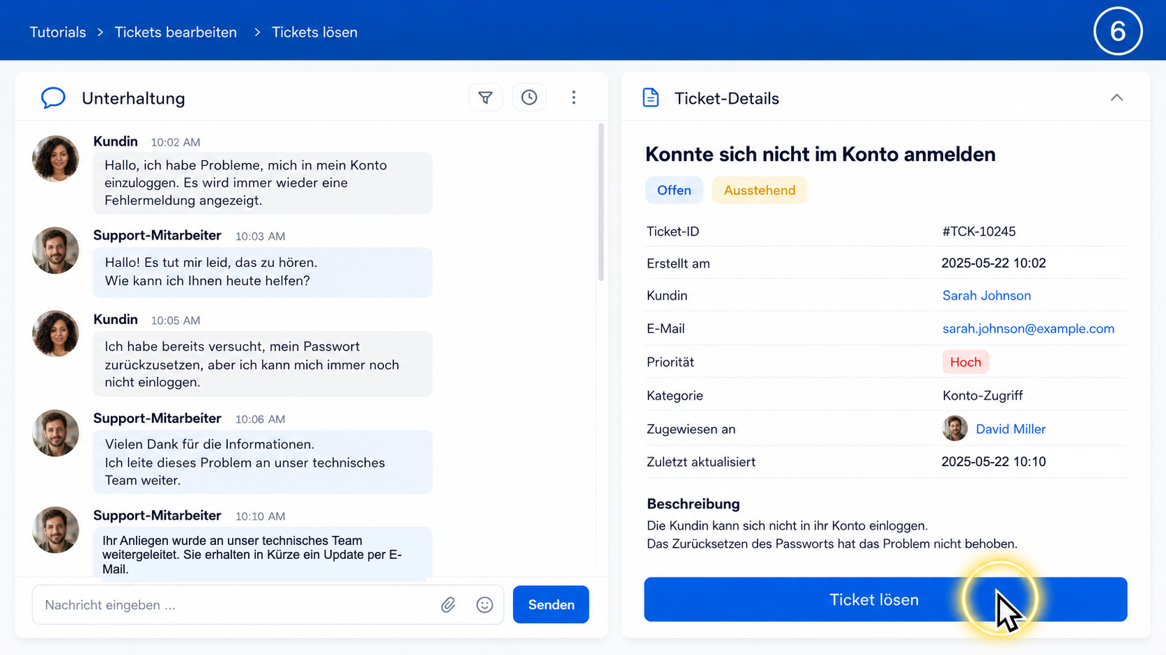 Support-Ticket-Ansicht in einem Video mit hervorgehobenem Mauszeiger und geklontem Sprechertext